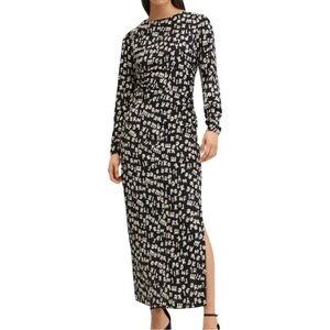 Mango Ruched‎ Long Sleeve Letter Print Abstract Midi Dress Black White US 4 NWT